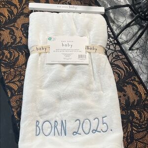 Rae Dunn Baby Blanket - White with Blue Text